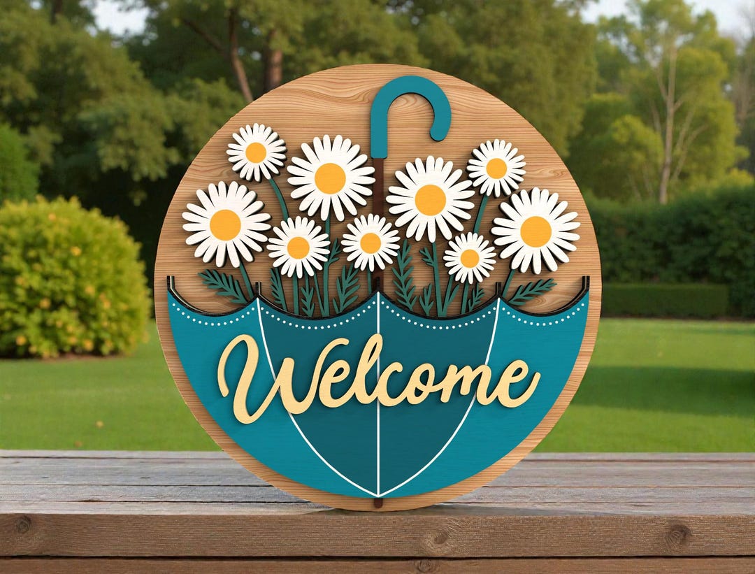 Spring Summer Door Hanger Laser Cut File Svg, Welcome Daisy Umbrella ...