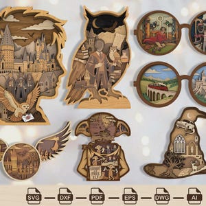 May include: A collection of six layered wooden wall art pieces featuring fantasy themes, including a silhouette of a person, an owl, round glasses, a winged sphere, a small creature, and a pointed hat, with file format icons SVG, DXF, PDF, EPS, DWG, AI.