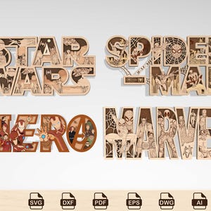Op de afbeelding: Vier lasergesneden houten wandkunstborden met de woorden STAR WARS, SPIDER-MAN, HERO en MARVEL. Elk bord bevat ingewikkelde, gelaagde karakterillustraties en scènes uit de respectievelijke franchises. Onderaan staan iconen voor bestandsformaten.
