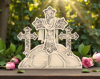 Ha Resucitado SVG, Archivo de corte láser de cruz de Pascua, Escena de resurrección 3D, Decoración de tumba vacía, Patrón de Glowforge xTool para Cricut, Arte cristiano en madera