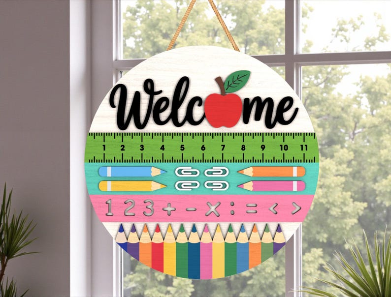 Welcom Ruler Welcome Teacher Sign SVG, Apple Ruler Pencil Round Door Hanger, Math ...