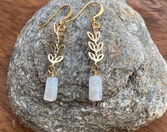 Moonstone earrings * moonstone and gold leaf chevron earrings * minimalist earrings * iridescent earrings * FREE SHIPPING *