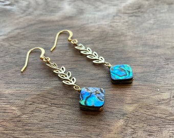 Abalone earrings * iridescent earrings * abalone shell earrings with gold leaf accent * natural shell earrings * FREE SHIPPING *