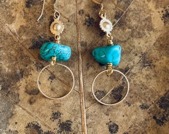 Turquoise earrings * gold hoop earrings * Teal semiprecious stone earrings * Turquoise and gold earrings  * Turquoise Magnesite stones