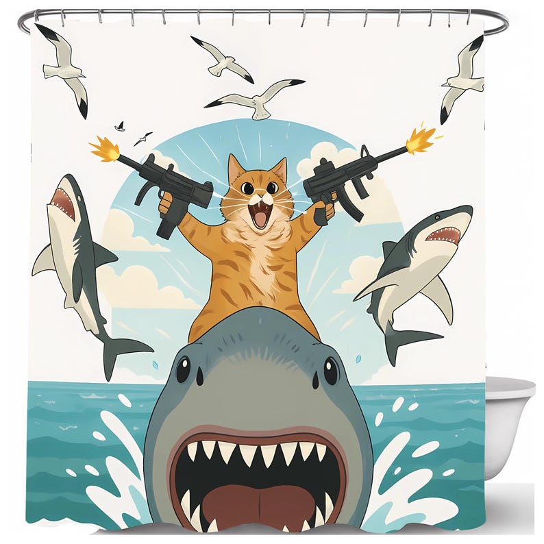Funny Cat Riding Shark Shower Curtain - Crazy Bathroom Decor - Animal ...