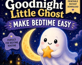 Puede incluir: Portada de libro infantil con un fantasma sonriente sosteniendo una estrella frente a una luna creciente. El título es "Goodnight Little Ghost" con "Make Bedtime Easy". El fondo es una escena nocturna estrellada.