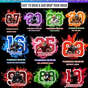 Może przedstawiać: Szablon Canva koszulki piłkarskiej z tekstem "EASY TO DRAG & DROP YOUR IMAGE". Projekt zawiera różne grafiki graczy w futbol amerykański z imionami, numerami i nazwami drużyn, w tym "Miles", "Santiago" i "Daniel".