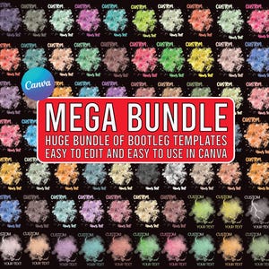 Op de afbeelding: Een digitaal kunstontwerp met een verzameling kleurrijke abstracte vormen met de woorden "CUSTOM" en "YOUR TEXT" herhaald. De afbeelding bevat ook een rode banner met de tekst "MEGA BUNDLE" en "HUGE BUNDLE OF BOOTLEG TEMPLATES EASY TO EDIT AND EASY TO USE IN CANVA".