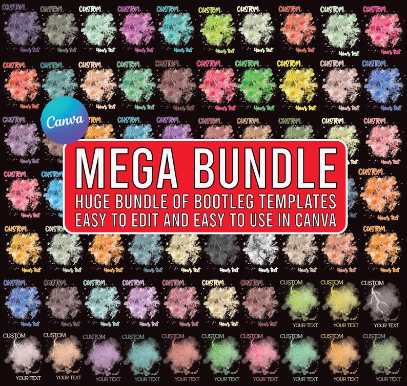 Op de afbeelding: Een digitaal kunstontwerp met een verzameling kleurrijke abstracte vormen met de woorden "CUSTOM" en "YOUR TEXT" herhaald. De afbeelding bevat ook een rode banner met de tekst "MEGA BUNDLE" en "HUGE BUNDLE OF BOOTLEG TEMPLATES EASY TO EDIT AND EASY TO USE IN CANVA".
