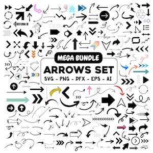 May include: A diverse collection of arrow designs in black, white, and coloured accents. The image includes straight, curved, and directional arrows, with the text "MEGA BUNDLE ARROWS SET" in a black and white design.