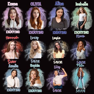 Op de afbeelding: Een collage van portretten van jonge vrouwen, elk omlijst door een gestileerd bliksemontwerp. De namen Emma, Olivia, Alina en Isabella worden boven de portretten weergegeven. Tekst bevat "ENJOYING" en "SAVOR" met extra namen.