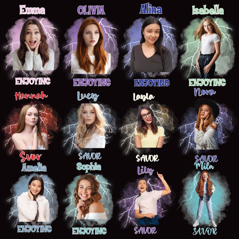 Op de afbeelding: Een collage van portretten van jonge vrouwen, elk omlijst door een gestileerd bliksemontwerp. De namen Emma, Olivia, Alina en Isabella worden boven de portretten weergegeven. Tekst bevat "ENJOYING" en "SAVOR" met extra namen.