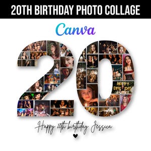 20th Birthday Photo Collage Template, Number 20 Collage, 20th Collage, Custom Gift for her, 20th Birthday, Number Collage, Canva Template