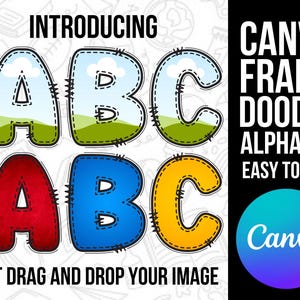 Canva Frame Doodle Alphabet UPPERCASE and Numbers, Editable Canva Letters template Custom Fill Pattern Digital Downloads