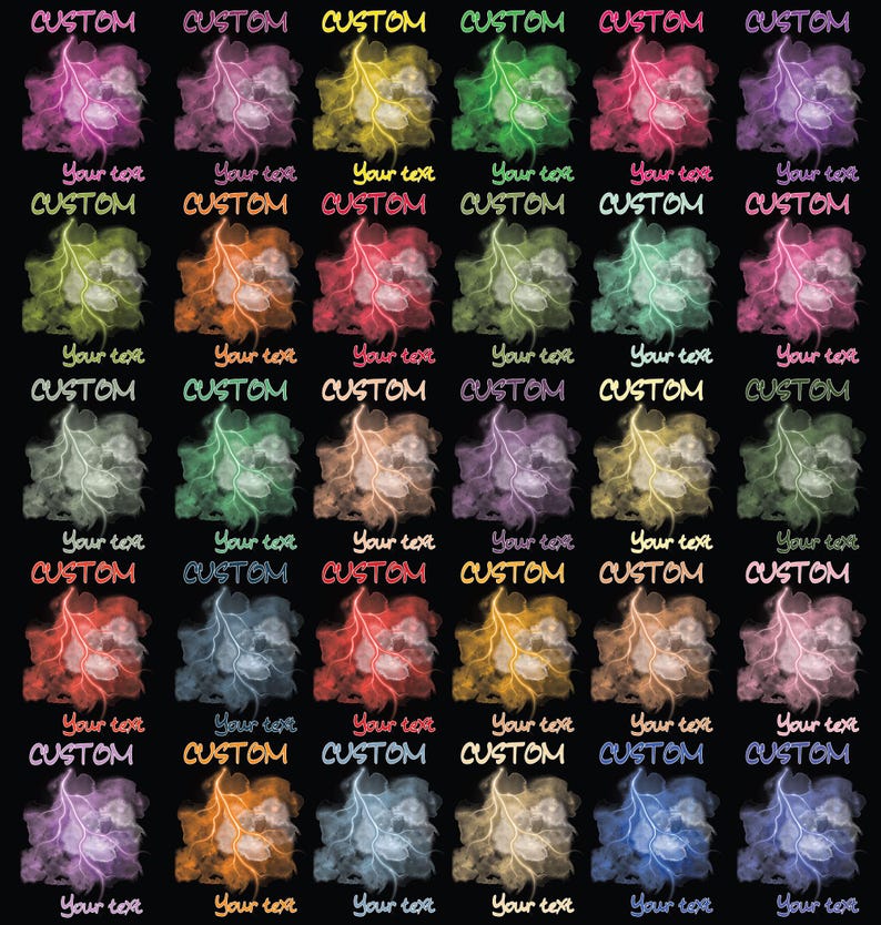 Op de afbeelding: Een herhalend patroon op een zwarte achtergrond met kleurrijke, abstracte wolkvormige vormen met bliksemontwerpen. Elke vorm heeft het woord "CUSTOM" en "Your text" in een gestileerd lettertype. De kleuren zijn onder meer roze, paars, geel, groen, oranje en blauw.