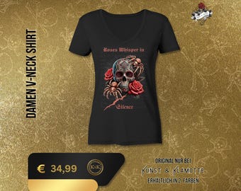 Roses Whisper in Silence design, women's V-neck shirt with rose skull motif and back print, gothic shirt. Scene shirt
