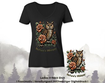 Wild & Wise I Owl on Roses Tattoo Designs I MysticOwl Shirt I Tattoo Fashion - Ladies V-Neck Shirt