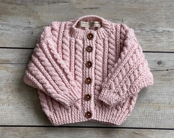 0-3M 3-6M Blush Pink Baby Girl Cable Cardigan Sweater Hand Knitted Wood Buttons