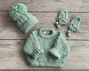 0-3M Oversized Fisherman Rib Baby Jumper/Sweater, Hat and Mittens Set in Green. MADE TO ORDER