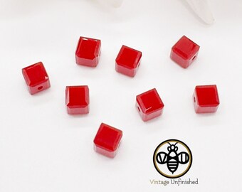 6 Vintage Swarovski Red Coral 4mm Cube Crystal Bead - #5601 - Authentic Swarovski Crystal - Full Drilled Cube - Dark Red Coral