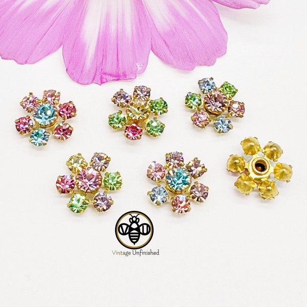 4 Vintage Swarovski Light Pastel Multi 12mm Rivet Flower Components - American Brass Settings - Authentic Swarovski - Flower Charms