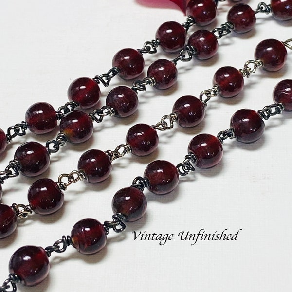 12 inches Vintage Czech 6mm Garnet Glass Rosary - Hematite Links - 1930s - Handmade