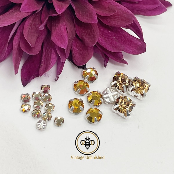 10 Vintage Swarovski Topaz Round Montees - Golden Color : Choose 6mm, 4mm and 3mm - Sterling Silver Plated