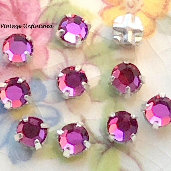 10 Vintage Swarovski Fuchsia Pink or Rose Round Montees - 3mm or 5mm - Sterling Silver Plated Prong Settings - Four Holes