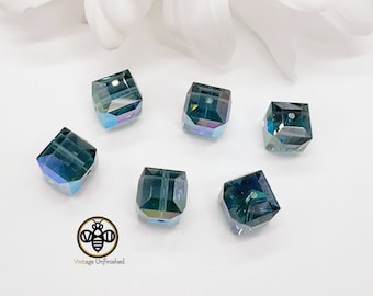 2 Vintage Swarovski Montana AB 8mm Cube Crystal Bead - #5601 - Authentic Swarovski Crystal - Full Drilled Cube - Aurora Borealis