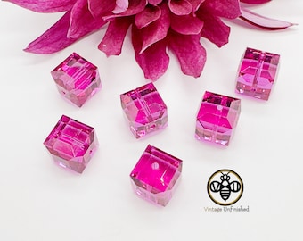 2 Vintage Swarovski Fuchsia Pink 8mm Cube Crystal Bead - #5601 - Authentic Swarovski Crystal - Full Drilled Cube