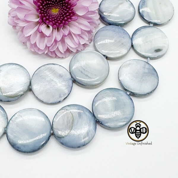 5 Mother of Pearl 15mm Flat Coin - Blue & White Coin Pearl - Vintage Mother of Pearl Flat Beads
