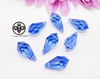 4 Vintage Swarovski Sapphire Blue 13x7mm Faceted Crystal Drop Pendant - #6000 - Genuine Swarovski Crystal - Pear Pendant - Top Drilled