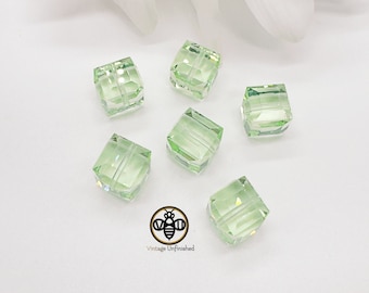 2 Vintage Swarovski Chrysolite Green 8mm Cube Crystal Bead - #5601 - Authentic Swarovski Crystal - Full Drilled Cube - Aurora Borealis