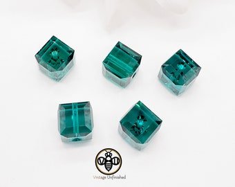 2 Vintage Swarovski Emerald Green 8mm Cube Crystal Bead - #5601 - Authentic Swarovski Crystal - Full Drilled Cube