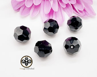 4 Vintage Swarovski Jet Black 10mm Round Faceted Beads - #5000 - Genuine Swarovski Crystal - Faceted Round