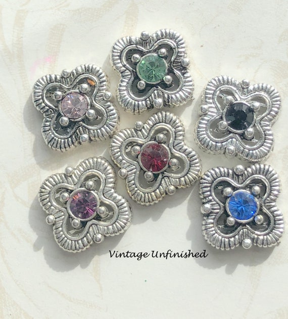 5 Vintage Square Swarovski Designer Metal Sliders Sew on Buttons