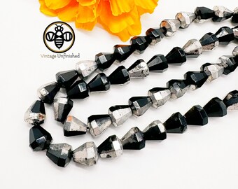 25 Jet Black with a Silver Coating Czech Pressed Glass 7x5mm Smooth Pear Beads - Authentic Czech Beads - Full Strand