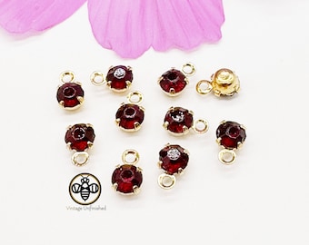 20 Garnet Red Swarovski 4mm Vintage Crystal Drop Charms - One Loop - Gold Plated American Brass Settings - Authentic Swarovski Crystals