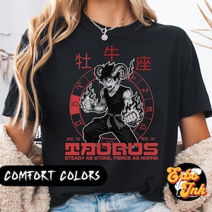 T-shirt couleur confort anime Taureau, horoscope manga : chemise esthétique, cadeau du zodiaque japonais, fan de mode alternative, amateurs de gothique sombre