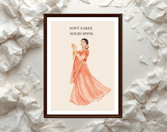 Elegant Woman in Saree Wall Art Set, Quote Illustration, Portrait 3:4 Digital Download