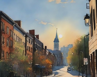 Sunrise City Street Print: Minimalist Watercolor Home Decor (Digital Download)