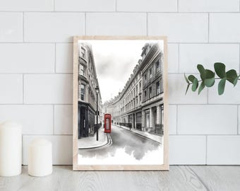 London Printable Wall Art, Black and White Cityscape with Red Phone Booth