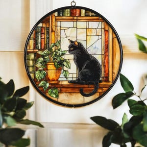 Black Cat And Book Suncatcher Window Hanging, Book Window Decor,Book Lover Reading Cat with Monstera Plant, Cat Lover Gift, Librarian Gift