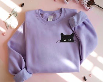 Sweatshirt met geborduurd kat, shirt schattig glurende kat