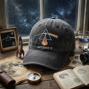 May include: A gray baseball cap with a patch featuring a rocket launching through a prism with a rainbow, and the text "ARTEMIS II". The cap is on a wooden surface with a vintage map, compass, and a small rocket model.
