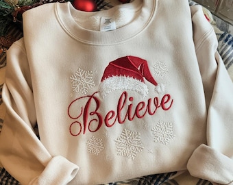 Embroidered Believe Christmas Sweatshirt, Holiday Party Shirt