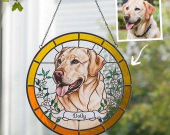 Custom Pet Portrait Stained Glass Suncatcher, Dog Memorial Gift