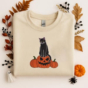 Embroidered Halloween Black Cat Sweatshirt, Pumpkin Fall Sweater, Halloween Crewneck, Cute Autumn Spooky Season, Bat Tee Top, Cat Lover Gift