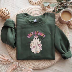 Embroidered Stay Spooky Ghost Sweatshirt, Halloween Sweatshirt, Womens Halloween Sweatshirt, Spooky Season Shirt, Ghost Halloween