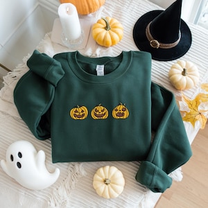 Embroidered Pumpkin Halloween Sweatshirt - Pumpkin T-Shirt - Simple Fall Pumpkin Crewneck T-Shirt - Minimal Fall Hoodie